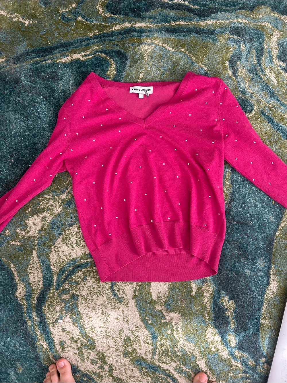 Dkny Women's Fuchsia V-Neck Sweater with Rhinestone Accents